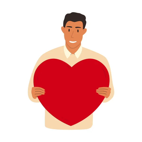 Ilustración Vectorial Plana Hombre Sonriente Sosteniendo Gran Corazón Concepto Asistencia — Vector de stock