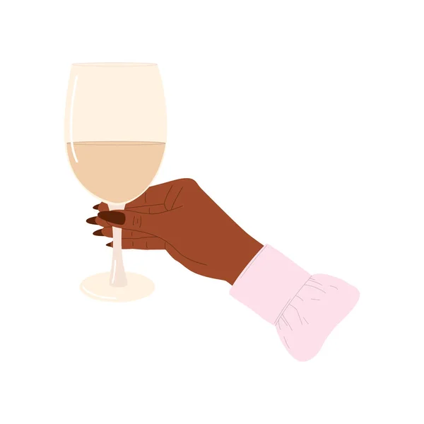 平面矢量卡通画一个女人的手拿着一杯白葡萄酒 白色背景上的孤立设计 — 图库矢量图片