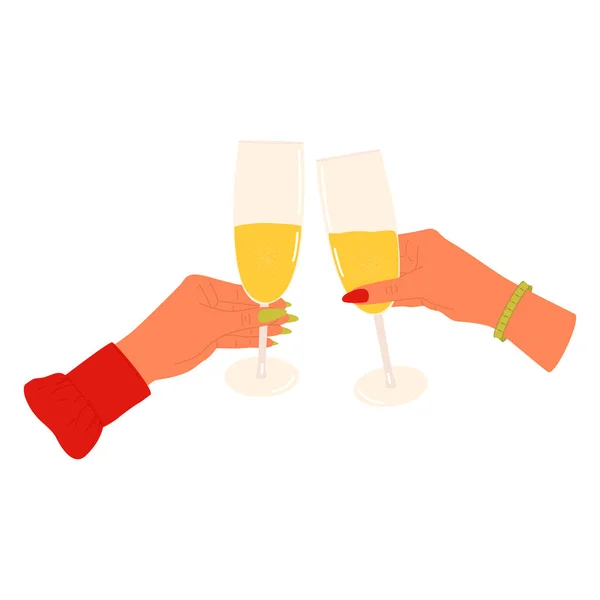 Illustrazione Festiva Due Mani Femminili Che Tengono Bicchieri Champagne Design — Vettoriale Stock