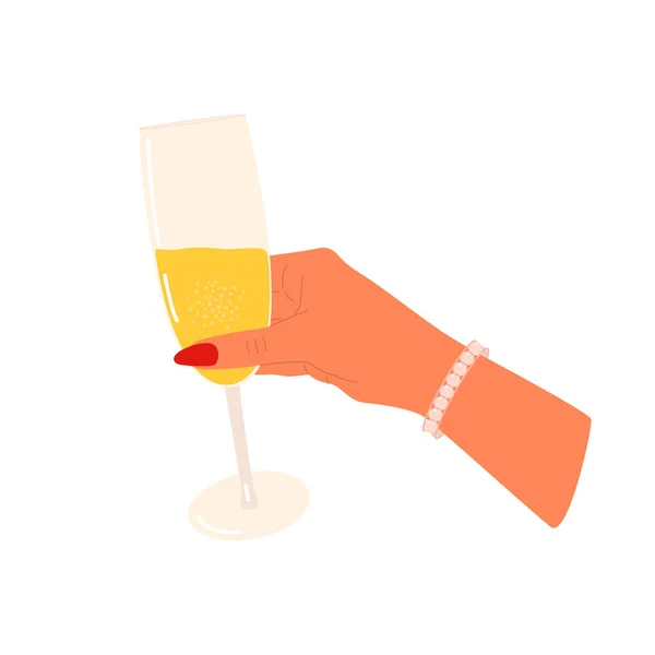 平面矢量卡通画一个女性的手拿着一杯香槟 白色背景上的孤立设计 — 图库矢量图片