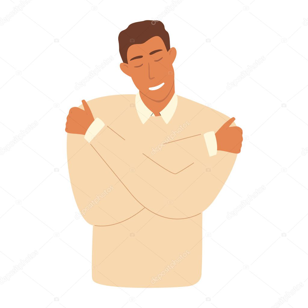 A flat vector illustration of a smiling man hugging himself by the shoulders. The concept of mental health, self-esteem and peace of mind. Self-love and self-acceptance.