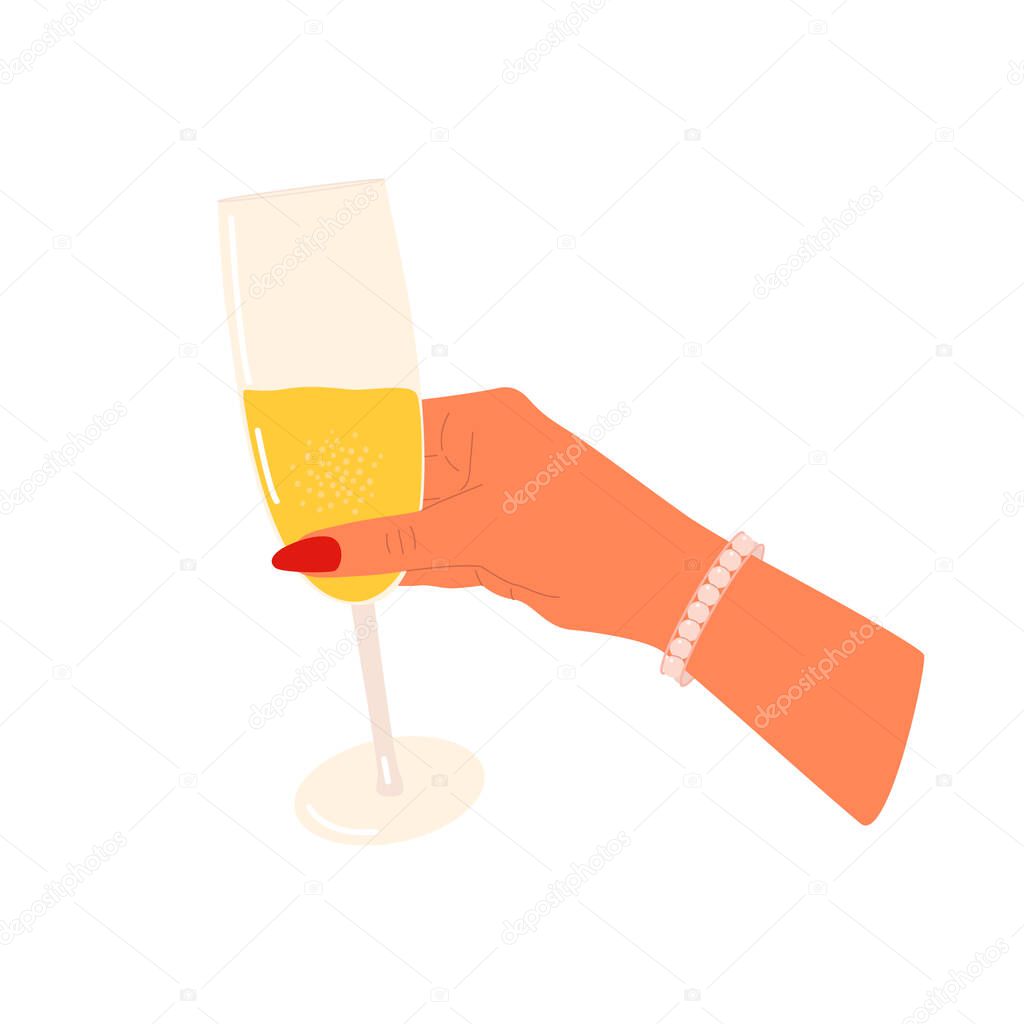 Flat vector cartoon illustration of a female hand holding a glass of champagne. Isolated design on a white background.
