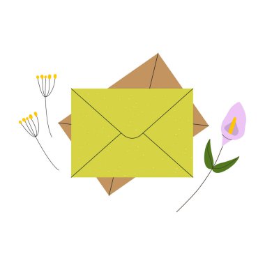 Çiçekli iki zarfın vektör çizimi. Bir tebrik kartı için hoş bir unsur. Beyaz arkaplanda izole tasarım.