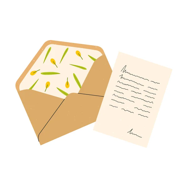 Plochý Vektorový Kreslený Obrázek Pozvánky Obálky Květinovou Vložkou Uvnitř Dopisem — Stockový vektor