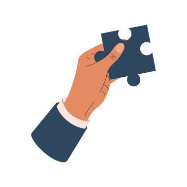 Beyaz arka planda izole edilmiş bir yapbozu tutan bir adamın düz vektör çizimi.