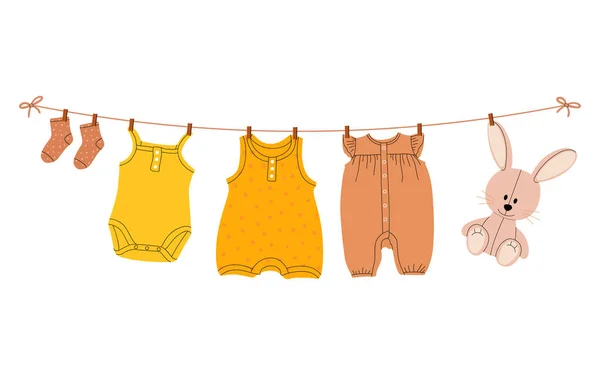 Çamaşır Ipinde Çamaşır Mandallarıyla Kurutulmuş Çocuk Resimlerinin Düz Vektör Çizimi — Stok Vektör