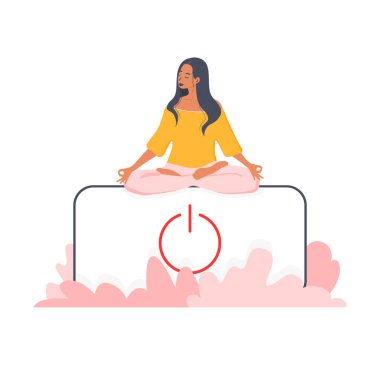 Kapalı bir telefondan yoga yapan meditasyon yapan bir kadının düz vektör çizimi. Dijital detoks kavramı. Modern yaşam tarzı. Milenyum kullanıcısı. Beyaz arkaplan.
