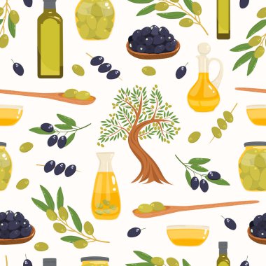 Zeytin, ahşap, cam şişelerdeki yağ, kanepeler, dallar, zeytin ürünleri. Düz çizgi film biçimi.