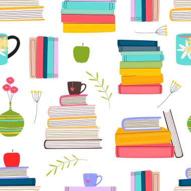 Düz vektör çizgi filmi, kitap yığınlarıyla kusursuz desen. Çeşitli kitaplar, kupalar, vazo, elma. Beyaz arka planda kitap severler için renkli dekoratif duvar kağıdı.
