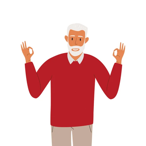 Plochý Vektorový Kreslený Obrázek Usměvavého Staršího Muže Který Ukazoval Okey — Stockový vektor