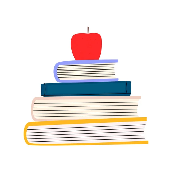 書籍のスタックのフラットベクトル漫画のイラスト 上に赤いリンゴと 自己啓発と読書の概念 白を基調とした独立したデザイン — ストックベクタ