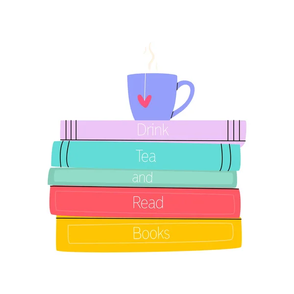 紅茶と本のスタックのフラットベクトル漫画イラスト やる気のあるフレーズはお茶を飲み 本を読む 白を基調とした独立したデザイン — ストックベクタ
