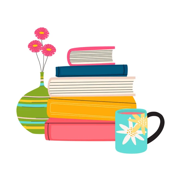 Flat Vector Cartoon Illustration Stack Books Cup Hot Drink Flowers — Stock Vector