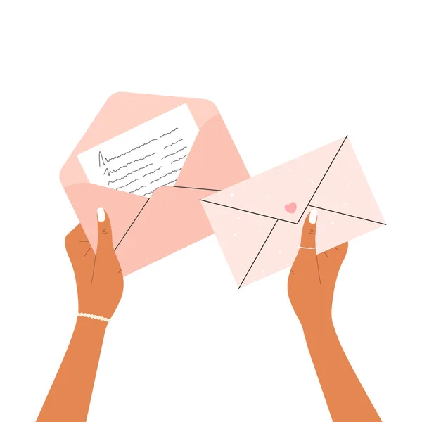手書きの手紙と閉じた封筒を持つ開いてピンクの封筒を保持する女性の手のフラットベクトル漫画のイラスト 白を基調とした独立したデザイン — ストックベクタ