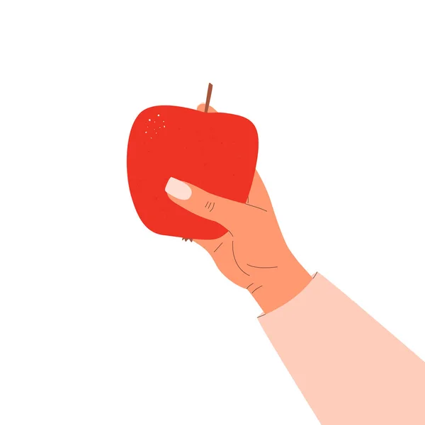 一个雌性手拿着一个红苹果的平面矢量卡通画 多吃水果的概念 白色背景上的孤立设计 — 图库矢量图片
