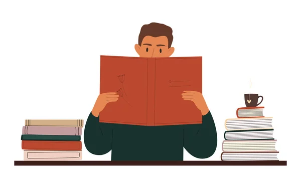 彼の手に本とテーブルで読んでいる男の平らなベクトル漫画のイラスト 自己開発 自己教育の概念 白を基調とした独立したデザイン — ストックベクタ