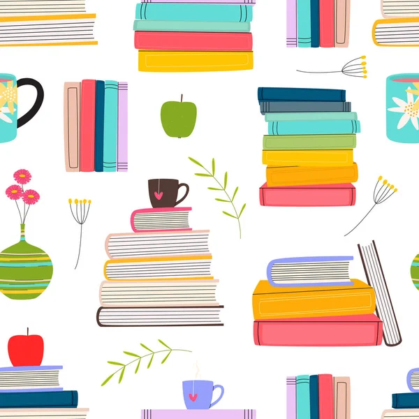Düz vektör çizgi filmi, kitap yığınlarıyla kusursuz desen. Çeşitli kitaplar, kupalar, vazo, elma. Beyaz arka planda kitap severler için renkli dekoratif duvar kağıdı.