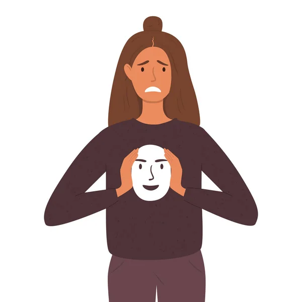 Olycklig Kvinna Som Håller Social Mask Händerna Hemlighållande Verkliga Känslor — Stock vektor