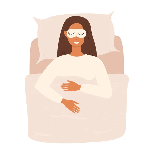 一个熟睡的女人躺在床上 她的眼睛上戴着一个睡眠面具 睡眠和休息的概念 — 图库矢量图片
