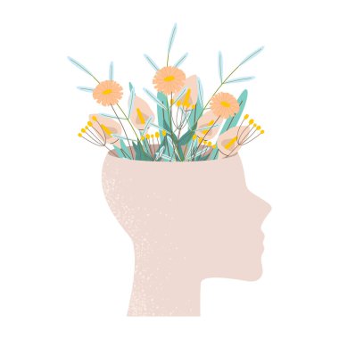 Çiçeklerin yetiştiği insan kafasının vektör silueti. Akıl sağlığı, pozitif düşünce, huzur kavramı. Düz çizgi film çizimi.