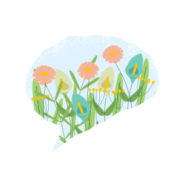 Çiçeklerin büyüdüğü beynin temsili. Akıl sağlığı, akıl sağlığı ve psikoterapi kavramı. Beyaz arkaplan.