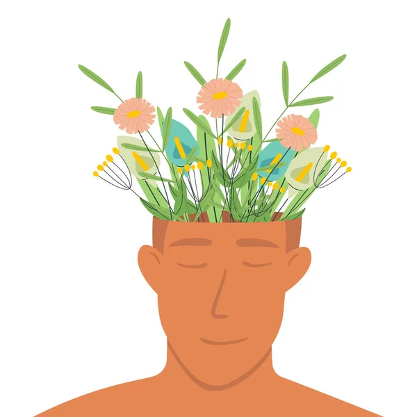 Ilustración Vectorial Hombre Con Flores Cabeza Concepto Salud Mental Una — Vector de stock