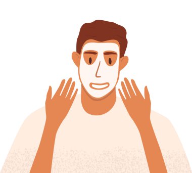 Yüzüne besleyici bir maske ya da kil sürmüş bir adamın düz vektör çizimi. Sabah rutini ve cilt bakımı kavramı.