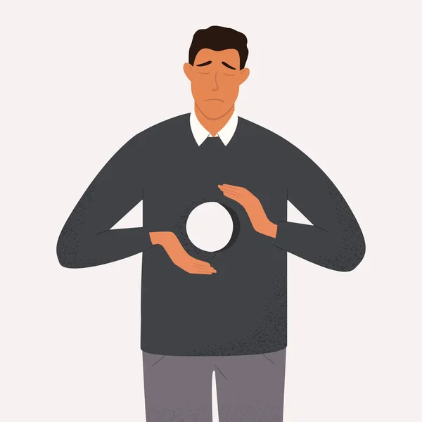 İçinde bir delik olan mutsuz bir adamın düz vektör çizimi. İçindeki boşluğun metaforik yansıması. Psikolojik travma ve bozukluklar, depresyon, kayıp, yalnızlık..