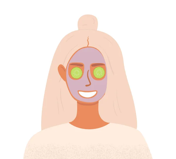 Płaska Wektorowa Ilustracja Kobiety Odżywczą Maską Twarzy Ogórkami Oczach Pojęcie Ilustracja Stockowa