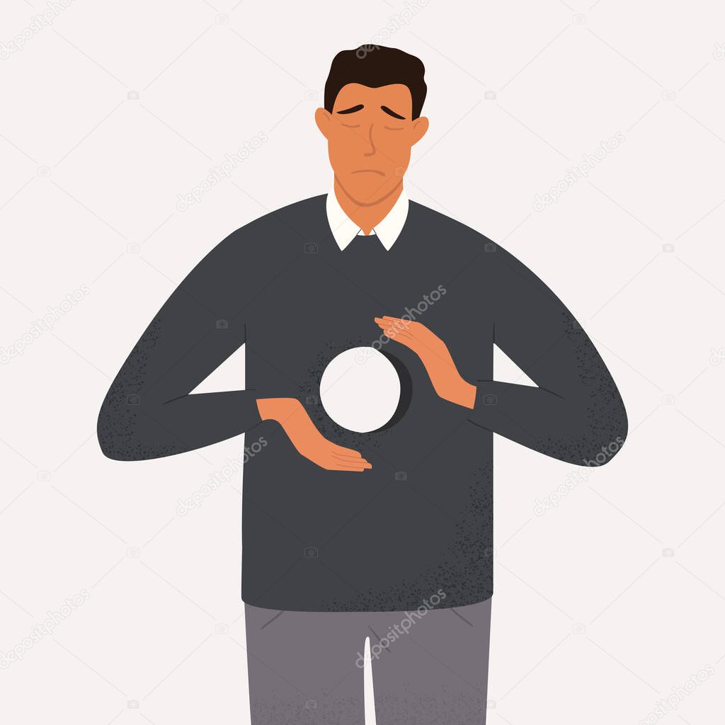 A flat vector illustration of an unhappy man with a hole inside himself. Metaphorical reflection of inner emptiness. Psychological trauma and disorders, depression, loss, loneliness.