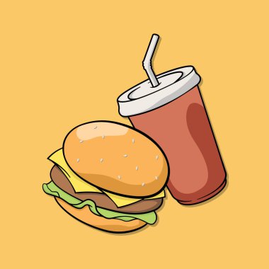 Hamburger ve soda sevimli bir tasarım. Vektör illüstrasyonu