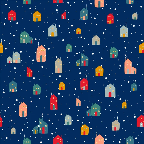 Çocuk gibi şirin evler ve kar taneleri. Parti ya da hediyeler için Noel arkaplanı. Vektör illüstrasyonu