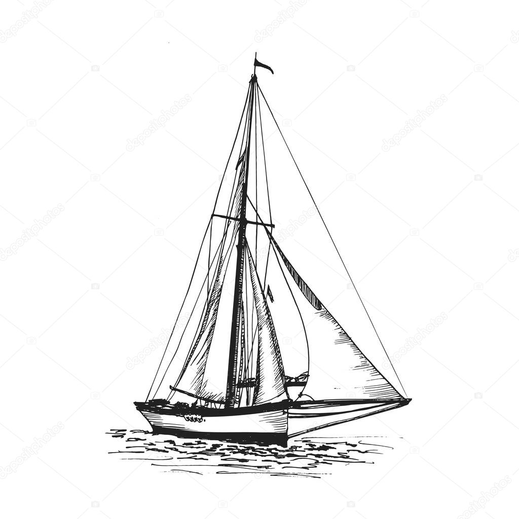 A sailing yacht of the early 20s of the 20th century. Hand drawing sketch illustration. Vector illustration