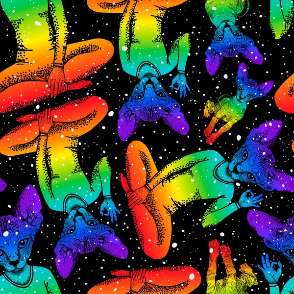 Kedi kadın gökkuşağı renginde sfenks kedi kafası nilüfer pozisyonunda oturur ve bir işaret gösterir. Giysi baskıları, uzay teması, tişörtler