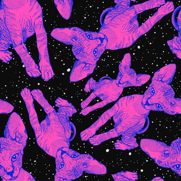 Сфинкс-котята. Кошки неоновые на фоне ночного звездного неба, космоса. Отпечатки одежды, космическая тематика, футболки. Вектор — стоковый вектор