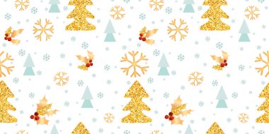 Altın çam, kutsal ağaç ve kar taneleri. Parti ya da hediyeler için Noel arkaplanı. Vektör illüstrasyonu