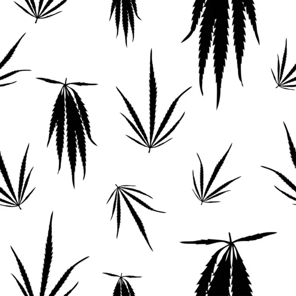 Silhouette leaves of hemp, marijuana, hashish on white background. Marijuana leaf black seamless pattern — Stock Vector