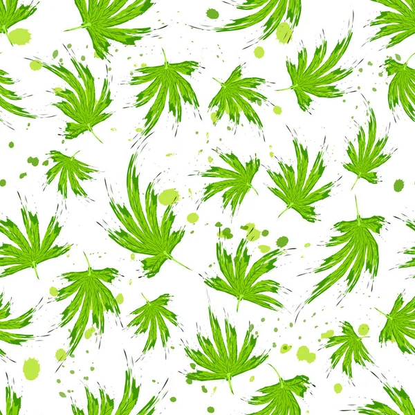 Cannabisbladeren in penseelstijl naadloos patroon. Wiet bladeren, hennep of marihuana of hasjiesj of marihuana, cannabis plant. Vector — Stockvector