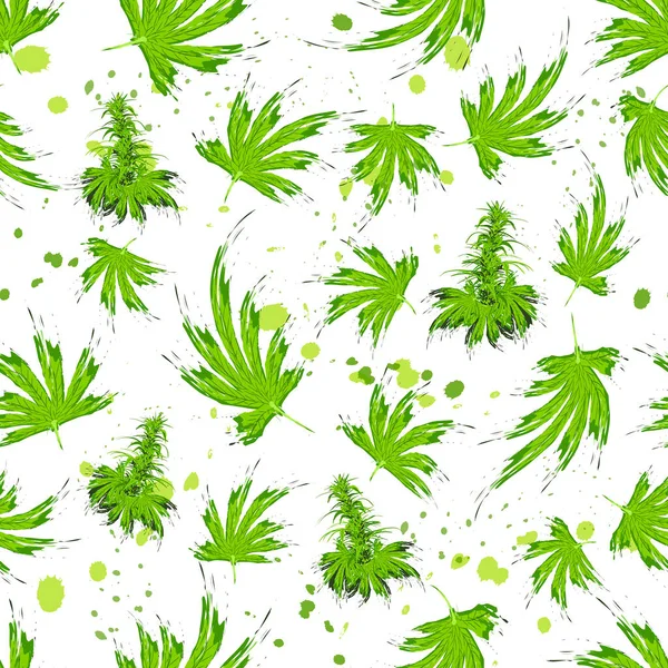 Liście konopi indyjskich i krzewy trawy w stylu szczotki bezszwowy wzór. Liście konopi, konopie, marihuana, haszysz, marihuana, konopie. Wektor — Wektor stockowy