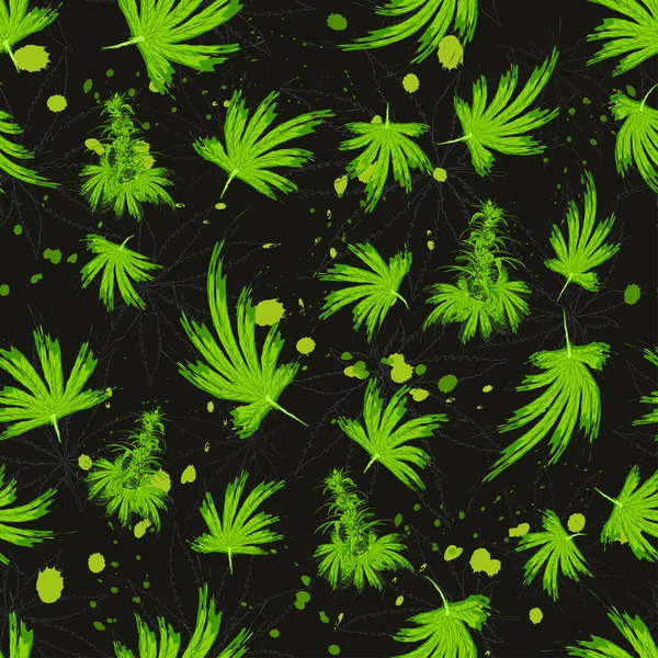 Padrão Sem Costura Estilo Escova Folhas Cannabis Cannabis Arbusto Cânhamo —  Vetores de Stock