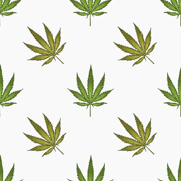 Kenevir yaprağı yapraklarıyla kusursuz desen. Esrar bitkisinin arka planı. El çizimi stili. Vektör illüstrasyonu