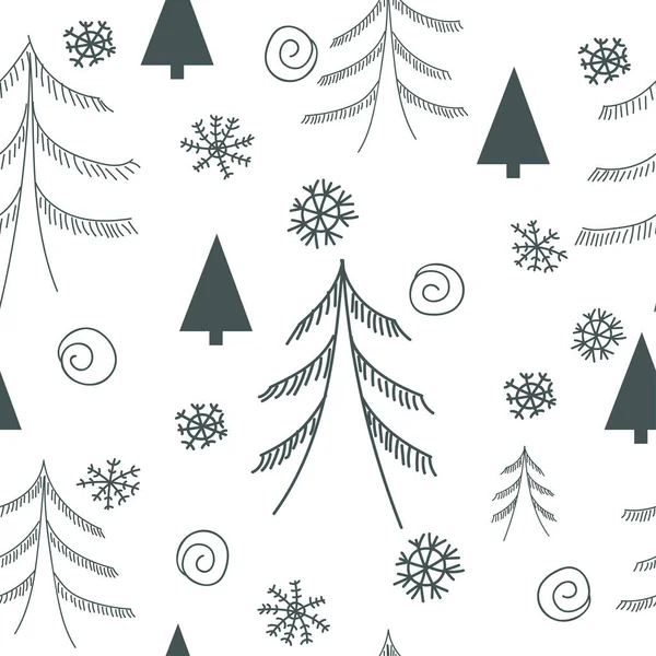 シームレスなパターンかわいいドールの森 松の木の手を描いた クリスマスの背景 ベクターイラスト — ストックベクタ