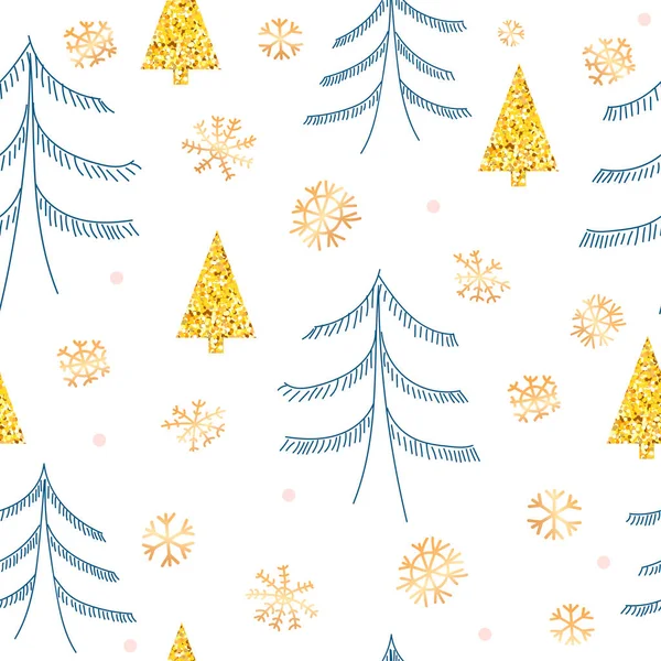 Forma geométrica dorada pino, abeto garabato y copos de nieve. Fondo de Navidad para fiesta o regalos. Vector — Vector de stock