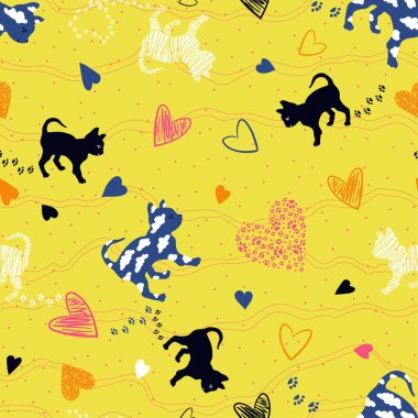 Koyu mavi arka planda şirin küçük kedi ve noktalar. Elle çizilmiş, kusursuz bir hayvan deseni. Kumaş veya duvar kağıdı için kedi yinelenen tasarım.