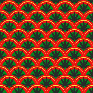 Kenevir yaprağı yapraklarıyla kusursuz desen. Esrar bitkisi arka planda kalır. El çizimi stili. Vektör