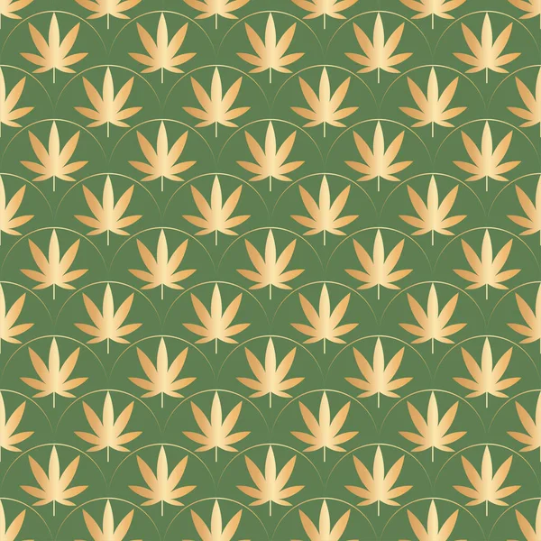 Seamless pattern with gold leaves of hemp Marijuana leaf. Cannabis plant scales background. Hand drawn style. Vector — Stock Vector