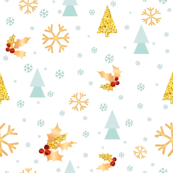 Golden pine, holly tree and snowflakes. Christmas background for party or gifts. Vector — Stockvektor
