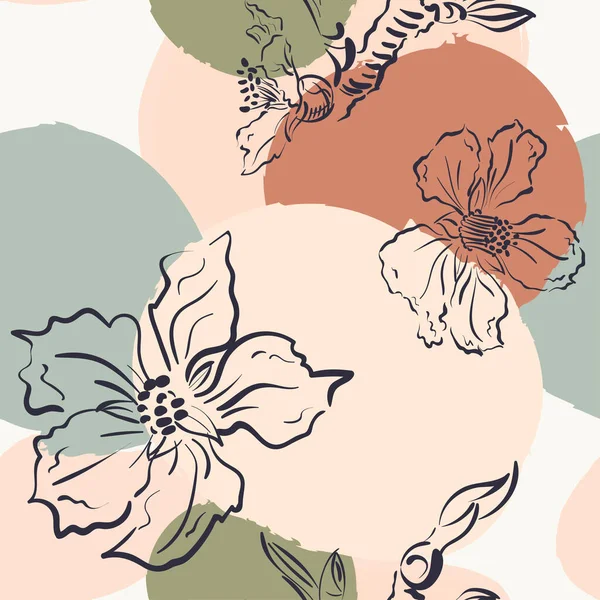Placard template with abstract shapes and blossom flowers. Living wall art, hand drawn design elements. Nordic colors design. Vector — Image vectorielle