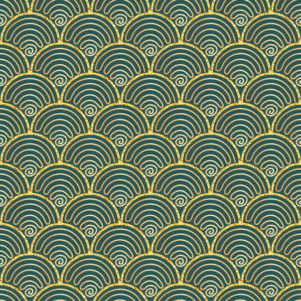 Scales golden wavy seamless pattern. Turquoise textured background for textile, wallpaper, wrapping. Japanese traditional backdrop. Vector — Image vectorielle