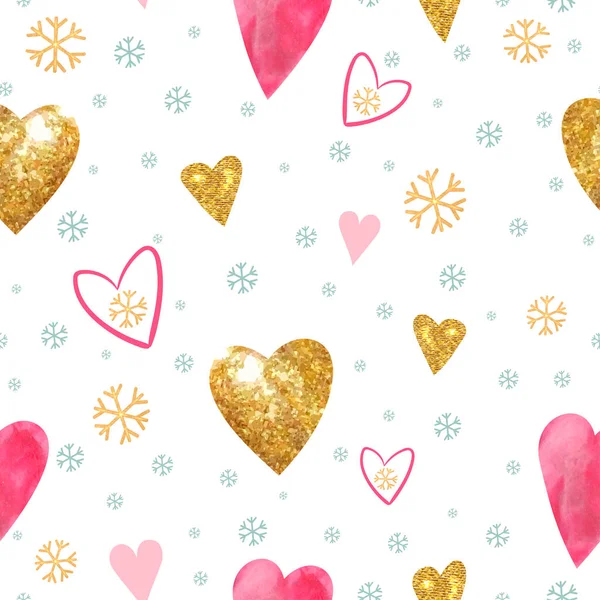 Seamless pattern with golden hearts and snowflakes. Love theme, valentine day. Vector — Stockvektor